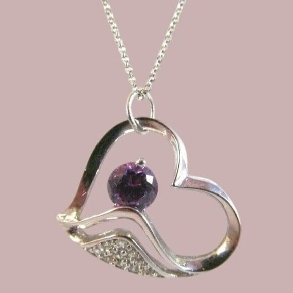 Sterling Silver Amethyst and Rhinestone Heart Pendant Necklace - Picture 1 of 12